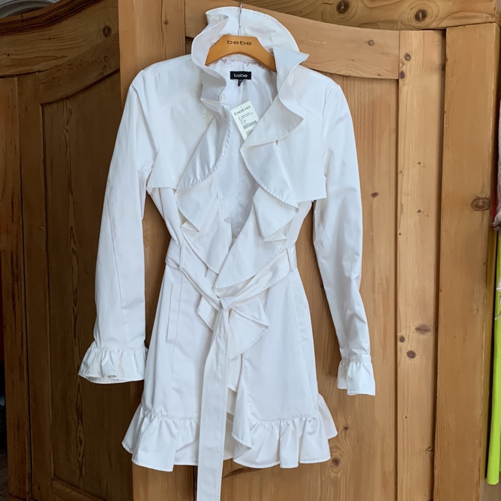 Bebe SOLD OUT Ruffle Trench Coat White Flirty Trim Belt Bell Sleeve NEW NWT  🤍